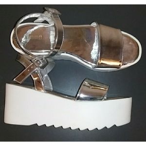 NWOT silver and white platform sandals